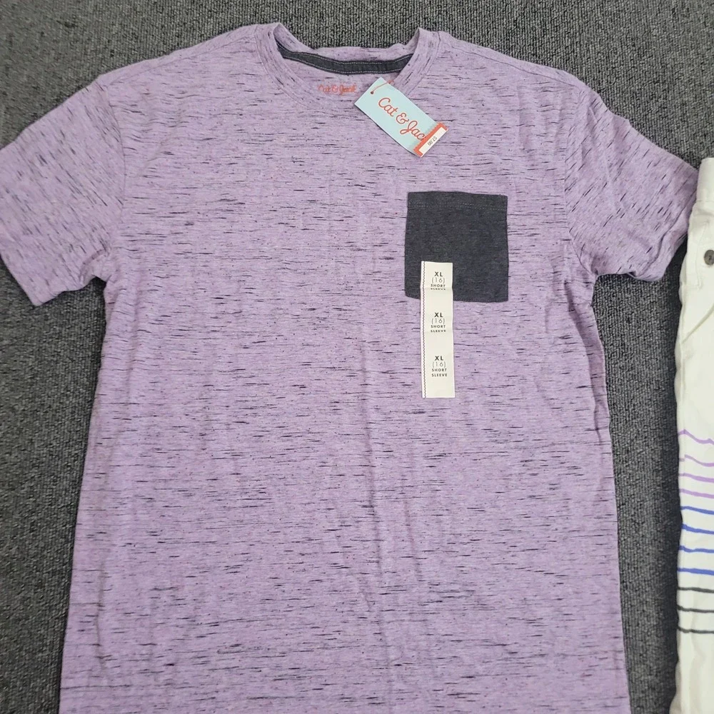 Cat & Jack Size 16 Short Set Boys Purple Space Dye Tee Shark Pizza White Shorts